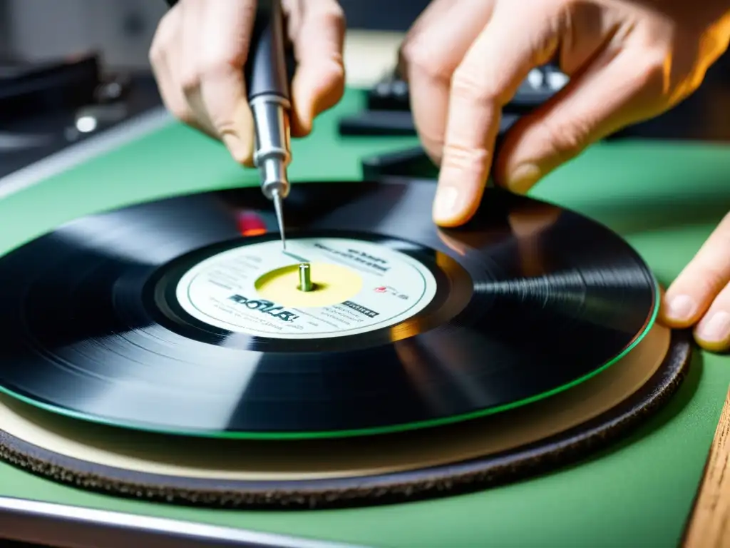 Un técnico restaura con delicadeza un disco de vinilo dañado, mostrando precisión y expertise en el proceso de restauración