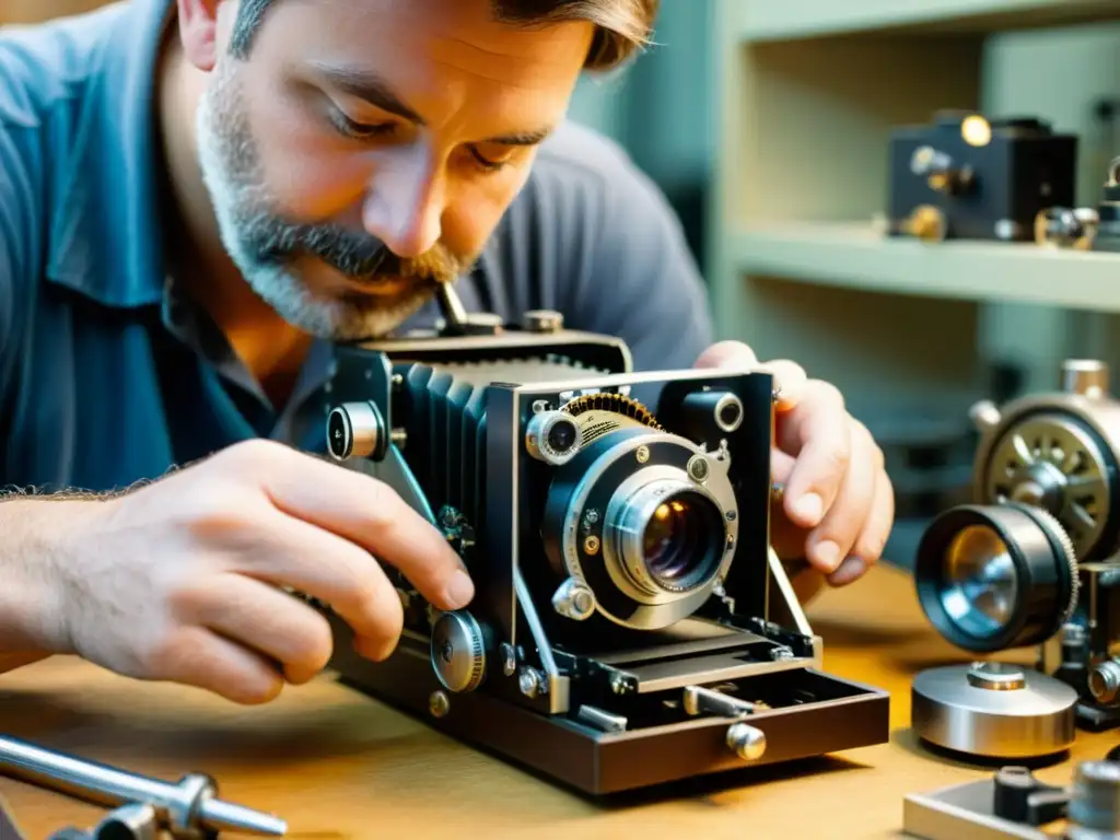 Un técnico experto restaura con precisión una cámara de cine vintage en un taller cálido y acogedor