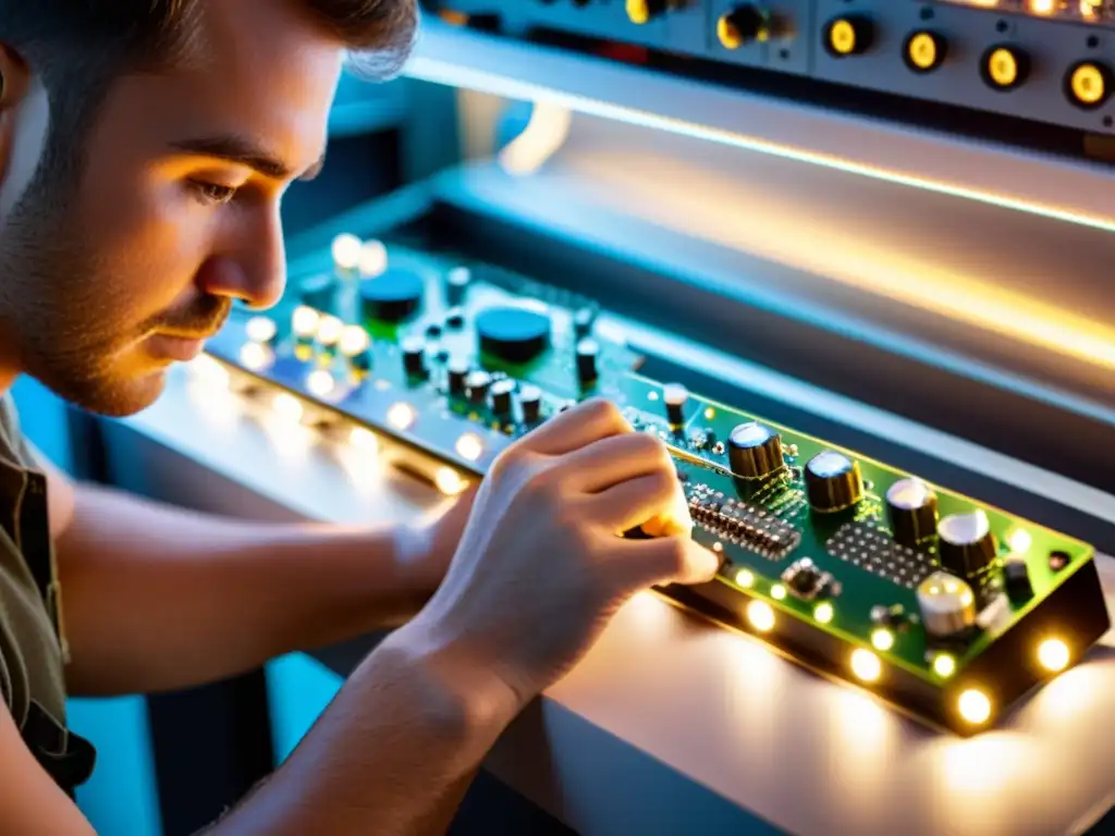 Un técnico ensambla un instrumento digital con cuidado, iluminado por luces LED en un taller lleno de herramientas