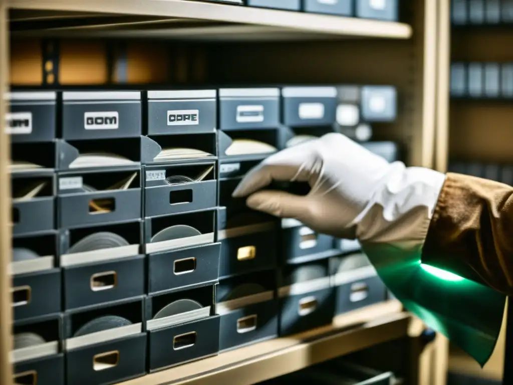 Un técnico limpia y examina con cuidado un cassette de cinta magnética vintage en una sala de archivo, conservando así estos artefactos históricos