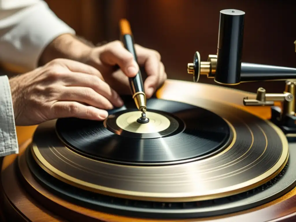 Un técnico limpia con cuidado surcos de un antiguo disco de fonógrafo, resaltando la restauración de grabaciones antiguas de instrumentos