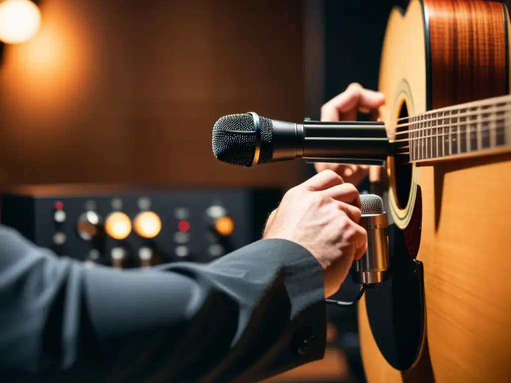 Un técnico ajusta micrófonos alrededor de una guitarra acústica en un estudio profesional, capturando el sonido