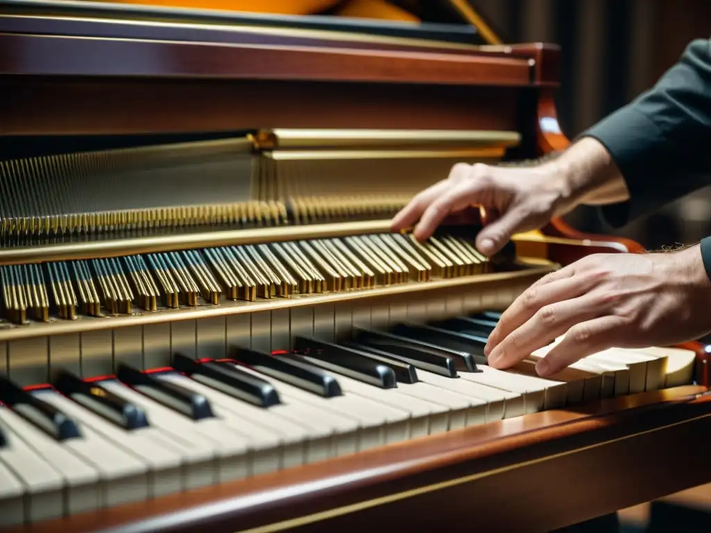 Un técnico de piano ajusta cuidadosamente las cuerdas de un gran piano, mostrando la intrincada construcción y principios acústicos