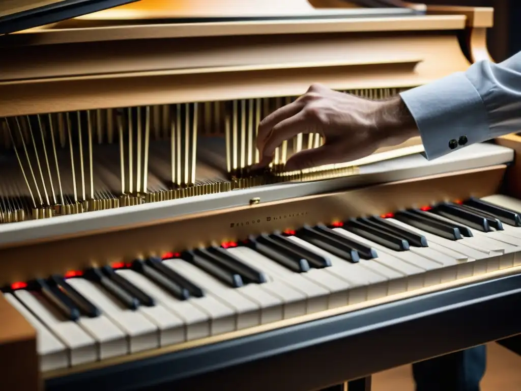 Un técnico prepara un piano para experimentación sonora cultural, desmontando cuerdas y martillos con precisión experta