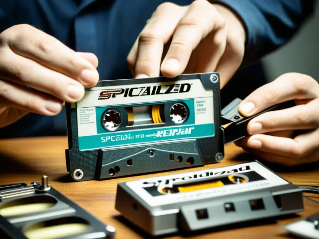 Un técnico restaura con precisión una cinta vintage dañada, mostrando la meticulosa restauración de cintas y discos dañados