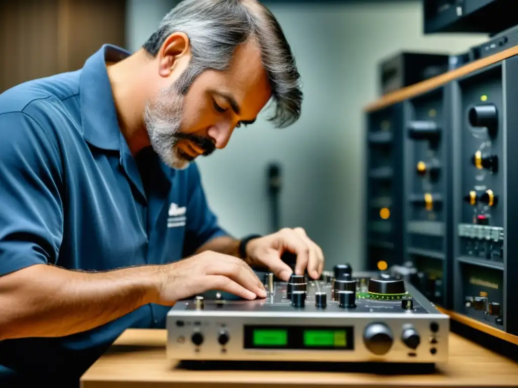 Un técnico restaura con precisión una grabación dañada en un estudio profesional