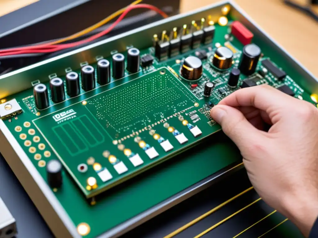 Un técnico ensambla con precisión un instrumento digital modular, resaltando la compleja personalización de componentes