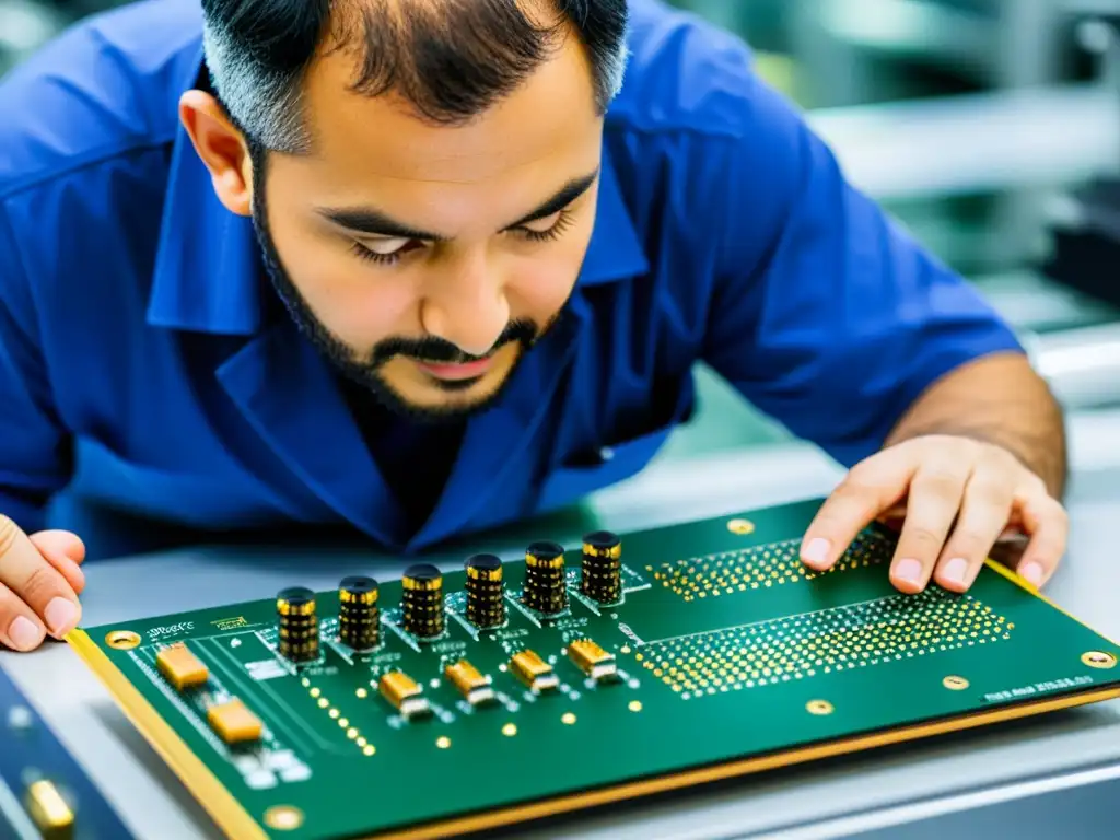 Un técnico ensambla con precisión una placa de circuito en una instalación de producción de instrumentos electrónicos de vanguardia