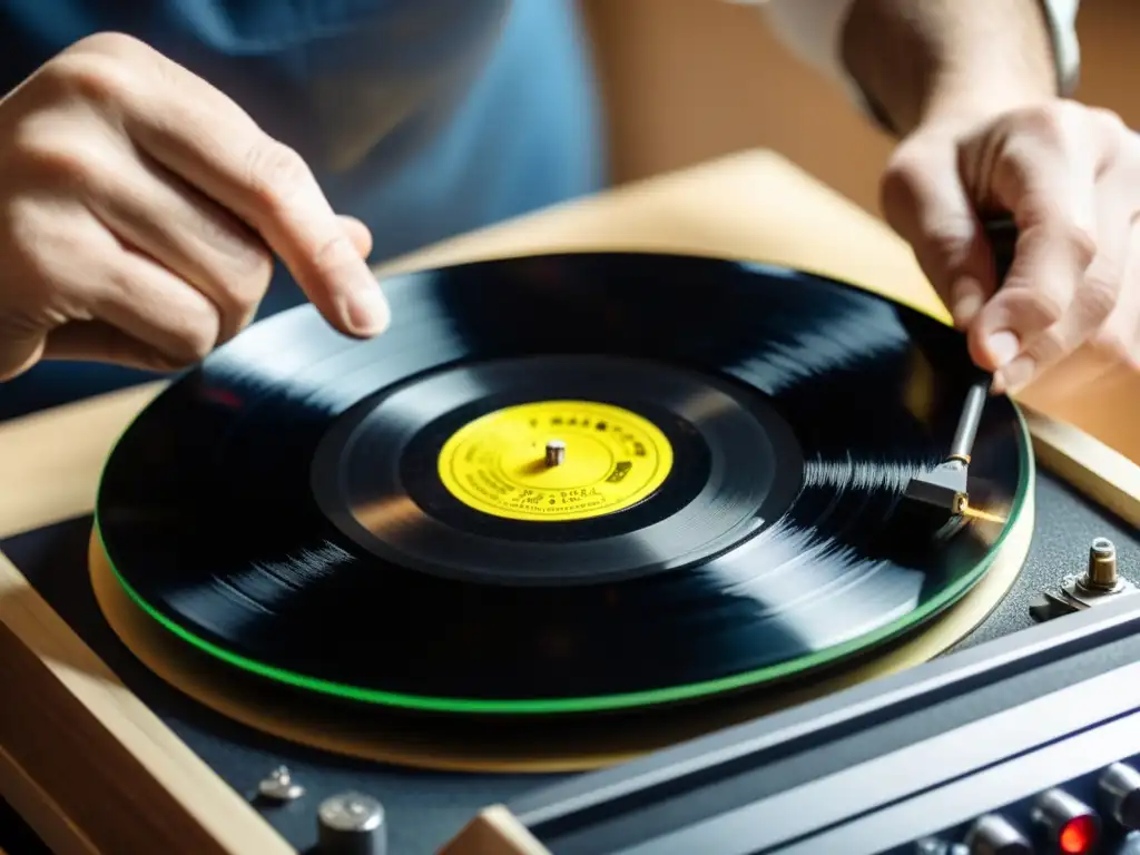 Un técnico restaura con precisión un vinilo vintage, eliminando delicadamente polvo y rayones