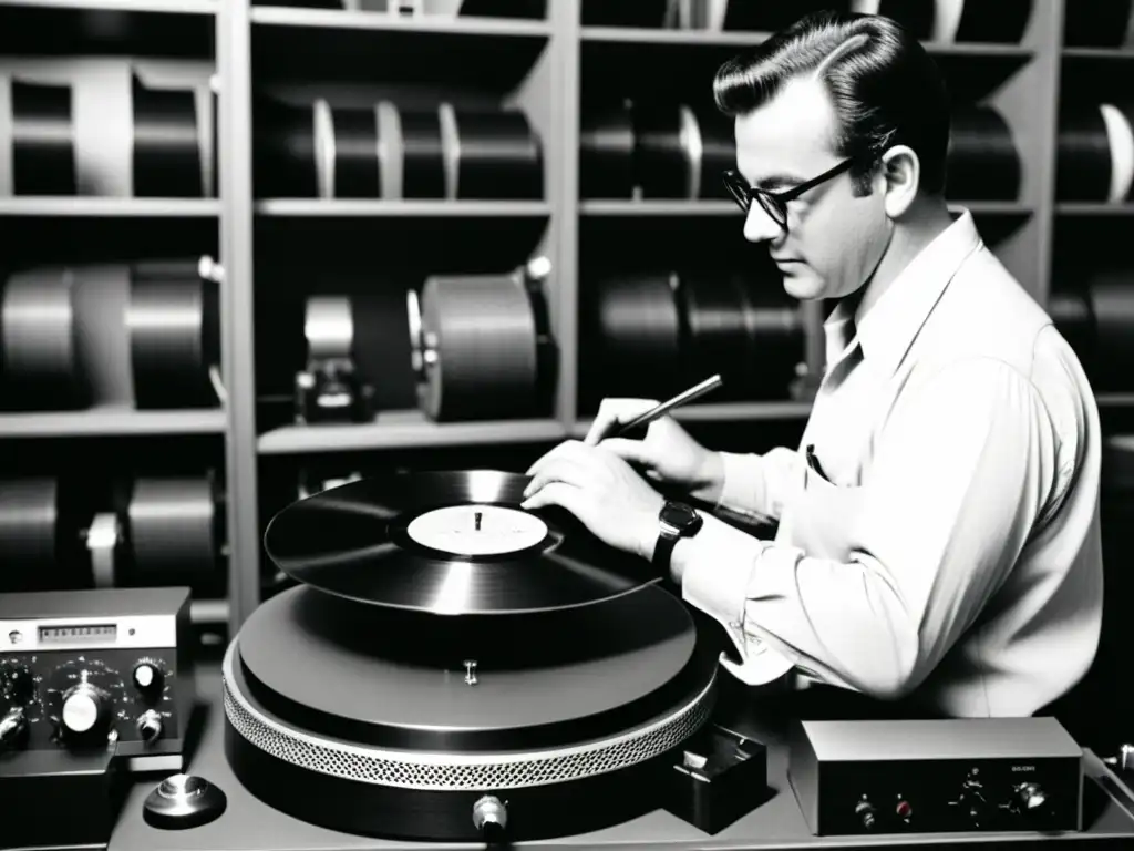 Un técnico profesional de restauración de grabaciones de sonido examina con cuidado un viejo disco de vinilo rodeado de equipo vintage