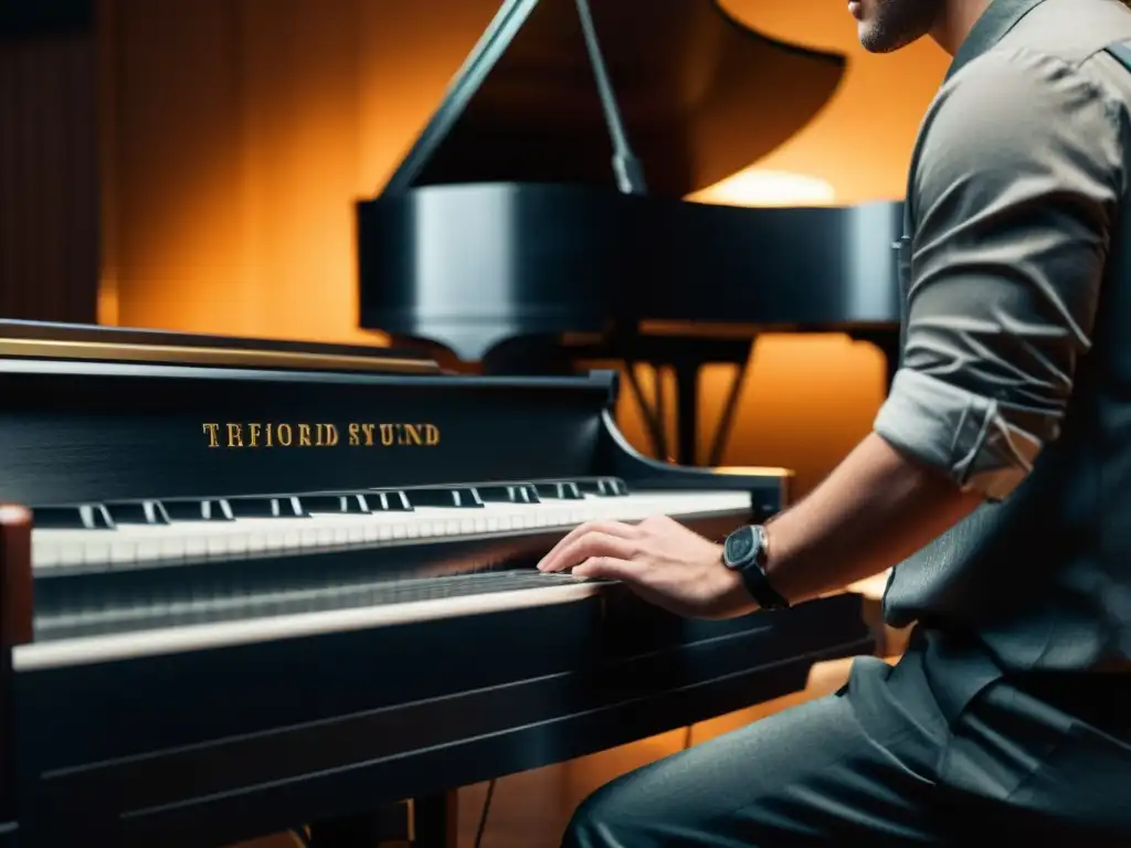 Un técnico de sonido ajusta el micrófono frente a un piano de cola en un estudio de grabación