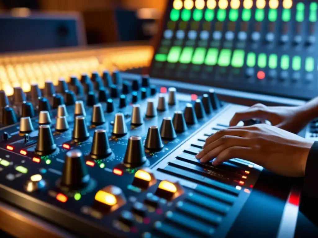 Técnico de sonido ajustando niveles en estudio de grabación, músicos tocando diferentes instrumentos en el fondo