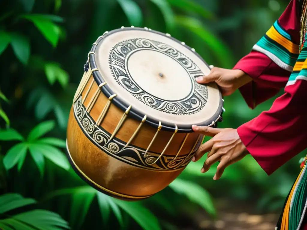 Un Teponaztli mexicano es tocado en la exuberante selva, destacando sus intrincados detalles y conexión cultural con la naturaleza