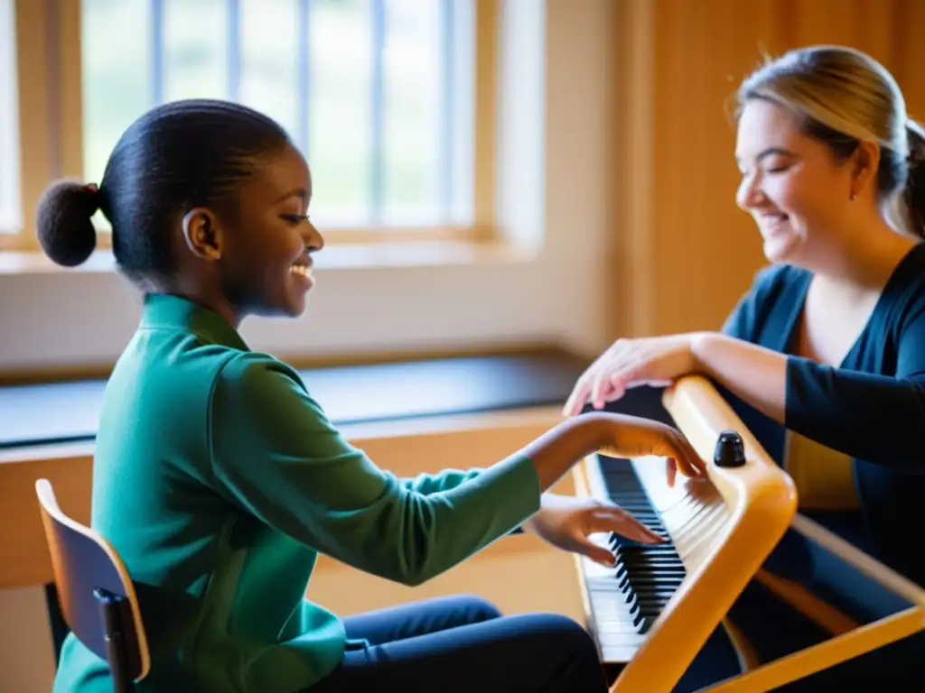 Un terapeuta musical ayuda a un estudiante con discapacidad a tocar un instrumento adaptado en un aula cálida y acogedora