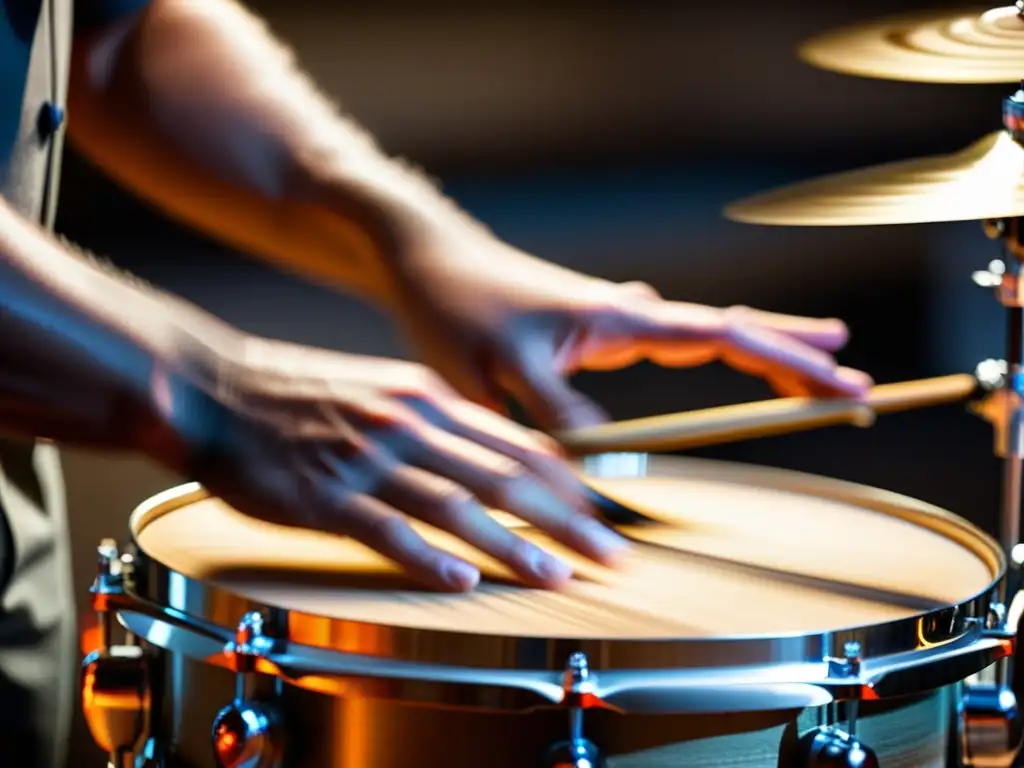 El texto ALT es: 'Manos de baterista de jazz en movimiento, creando técnicas de percusión en jazz con pasión y precisión