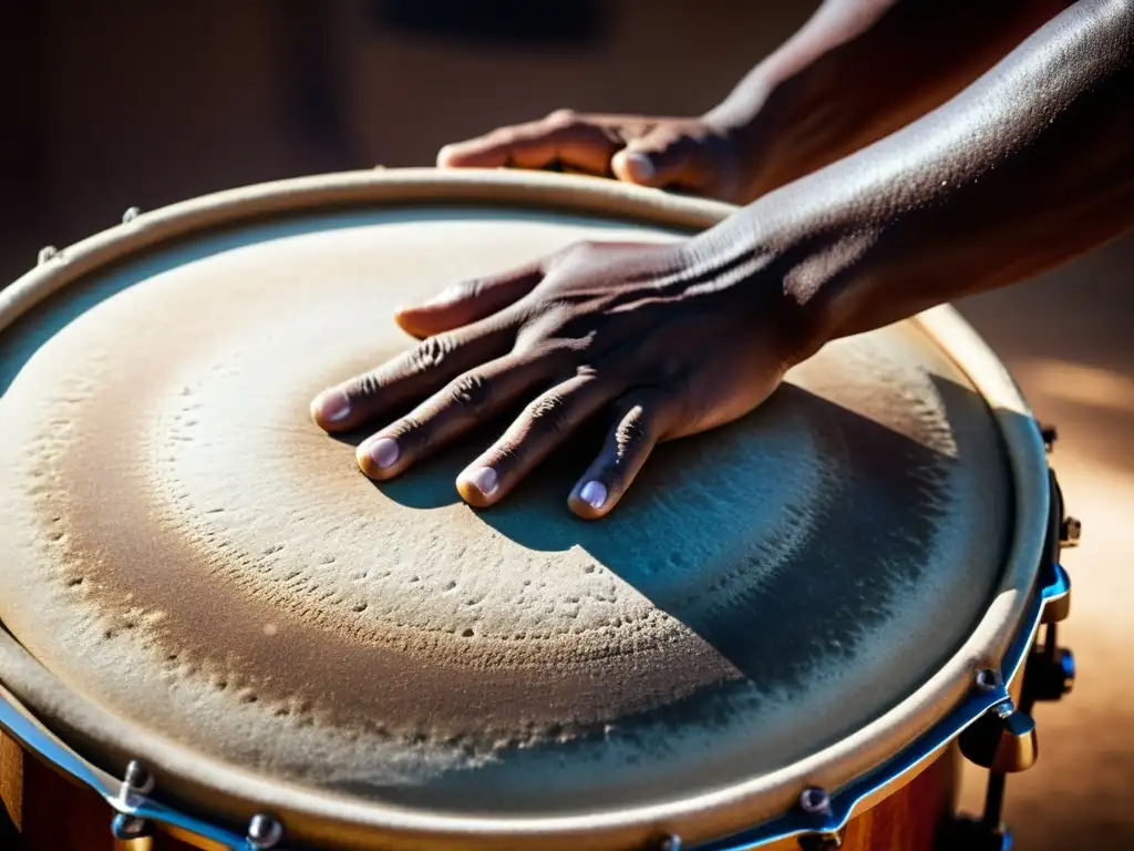 El texto ALT es: 'Un percusionista experto golpea con maestría un tambor tradicional, destacando la sonoridad de tambores tradición e innovación