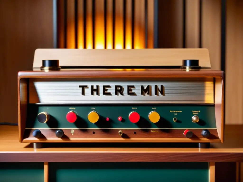Intrigante teremín vintage: símbolo de innovación y misterio Un theremín vintage con sus detalles intrincados, bañado en luz cálida y rodeado de equipo de grabación antiguo, evocando nostalgia y el legado del Theremín en películas