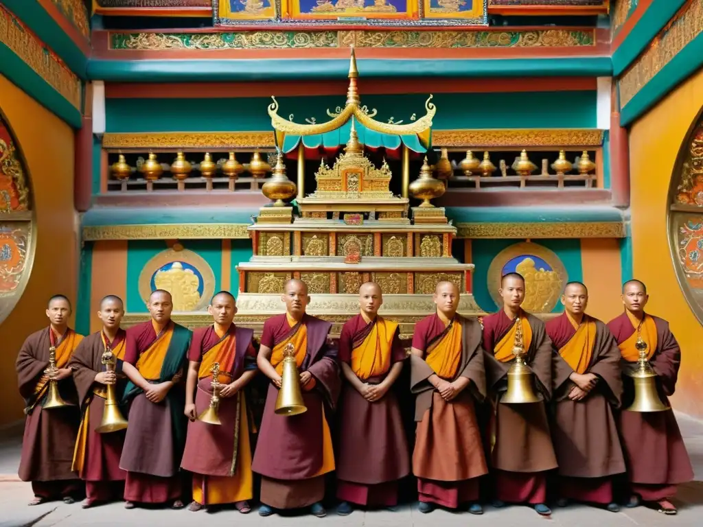 Dungchen tibetano en ceremonia budista: monjes con túnicas coloridas en majestuoso templo, tocando el instrumento con serenidad