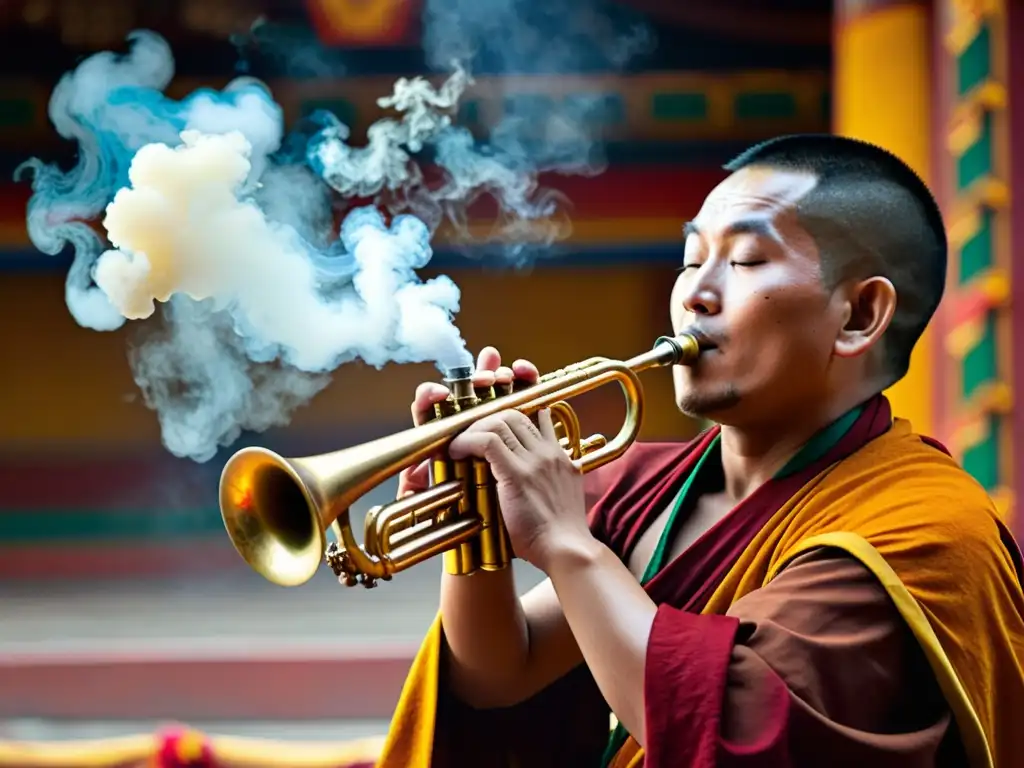 Dungchen tibetano en ceremonia budista, tocado por monje en ambiente místico y reverente