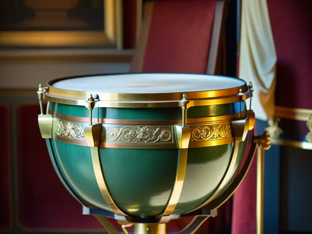 Un timbal del siglo XIX, en un elegante salón, rodeado de instrumentos clásicos y tapices, evocando la grandiosidad de la era romántica