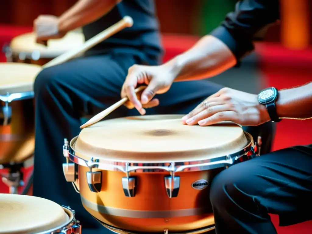 Un timbalero apasionado tocando con precisión e intensidad en una actuación de música latina vibrante