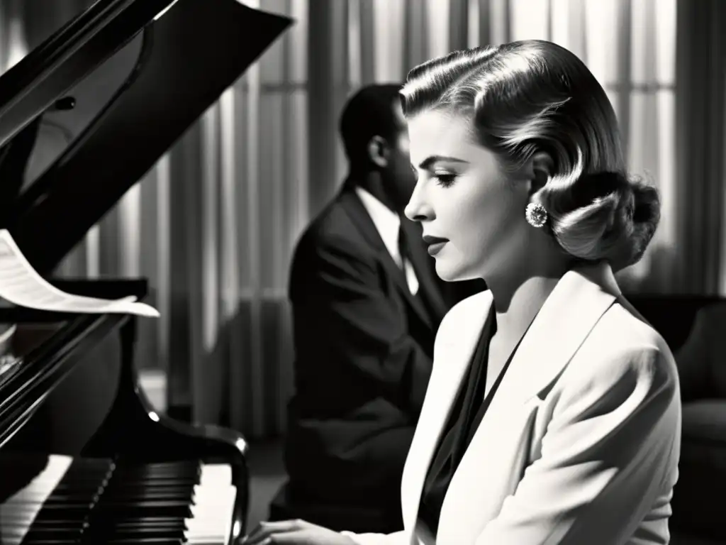 Ingrid Bergman y Dooley Wilson interpretando 'As Time Goes By' en una escena icónica de piano en 'Casablanca'