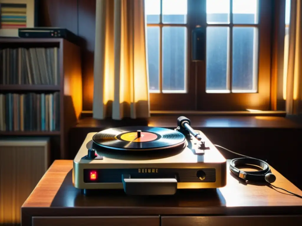 Escena nostálgica con tocadiscos antiguo Un tocadiscos antiguo y polvoriento en una mesa de madera, con un micrófono y auriculares vintage cerca