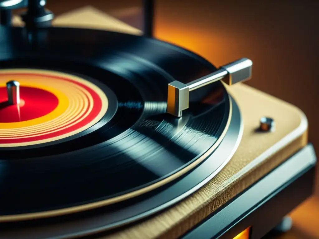 Needle de tocadiscos de vinilo tocando delicadamente surcos de vinilo, con iluminación cálida que destaca la naturaleza analógica del sonido