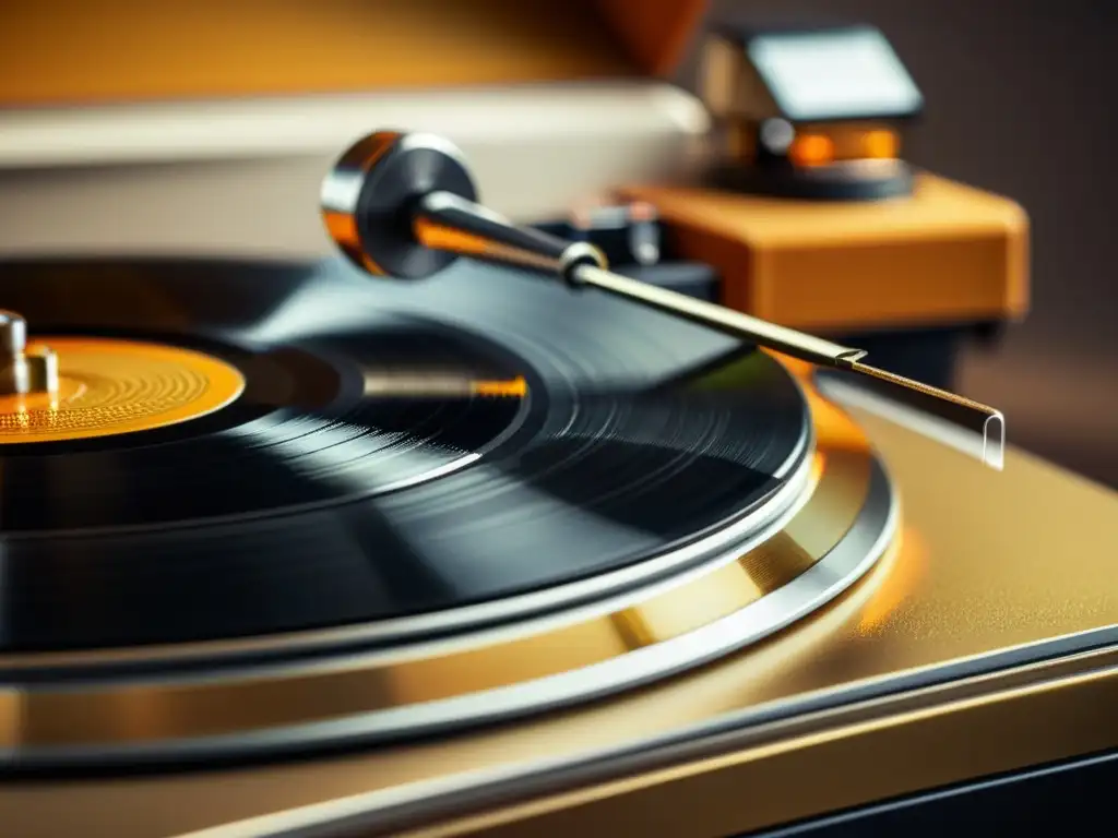 Needle de tocadiscos vintage tocando vinilo, con smartphone al fondo