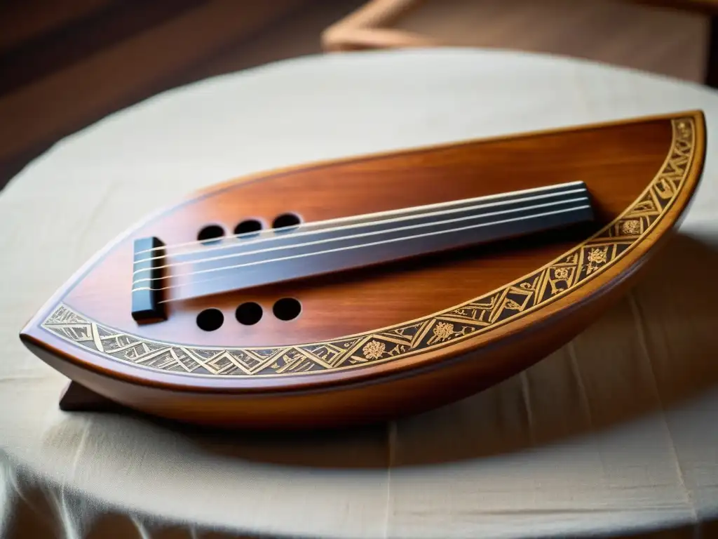 Una toma detallada de un antiguo kantele, resaltando sus intrincados tallados en madera, delicadas cuerdas y desgaste sutil