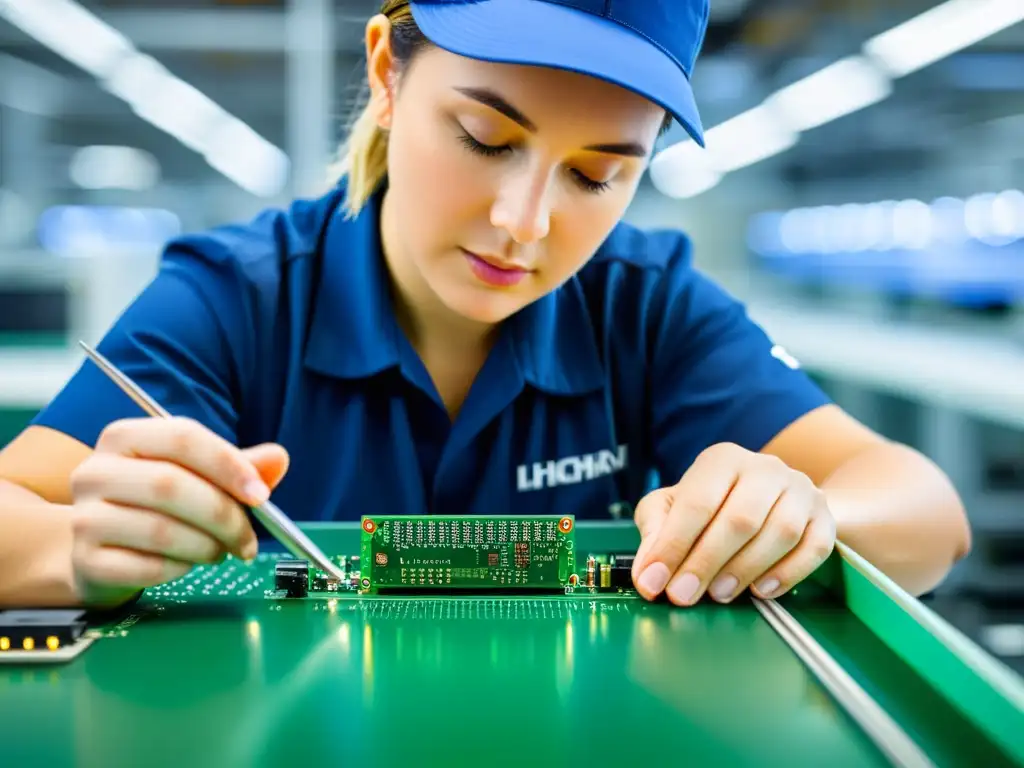 Un trabajador ensambla una placa de circuito en una fábrica sostenible de instrumentos digitales, destacando el compromiso con el impacto ambiental