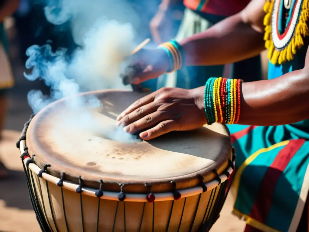 Un tambor indígena tradicional es tocado durante una ceremonia cultural, resaltando la importancia cultural de los instrumentos