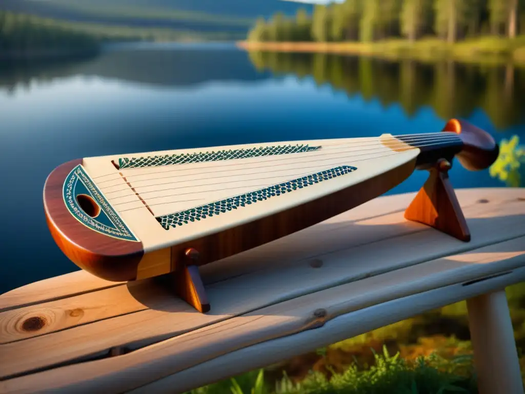 Un kantele finlandés tradicional, con detalles de madera y cuerdas, iluminado por luz natural en un entorno de bosque y lago