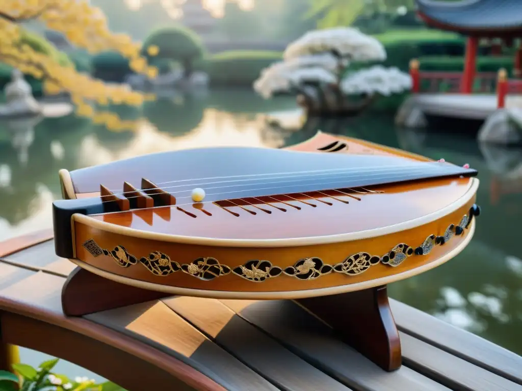 Un guzheng chino tradicional con tallados detallados y cuerdas visibles en un jardín sereno