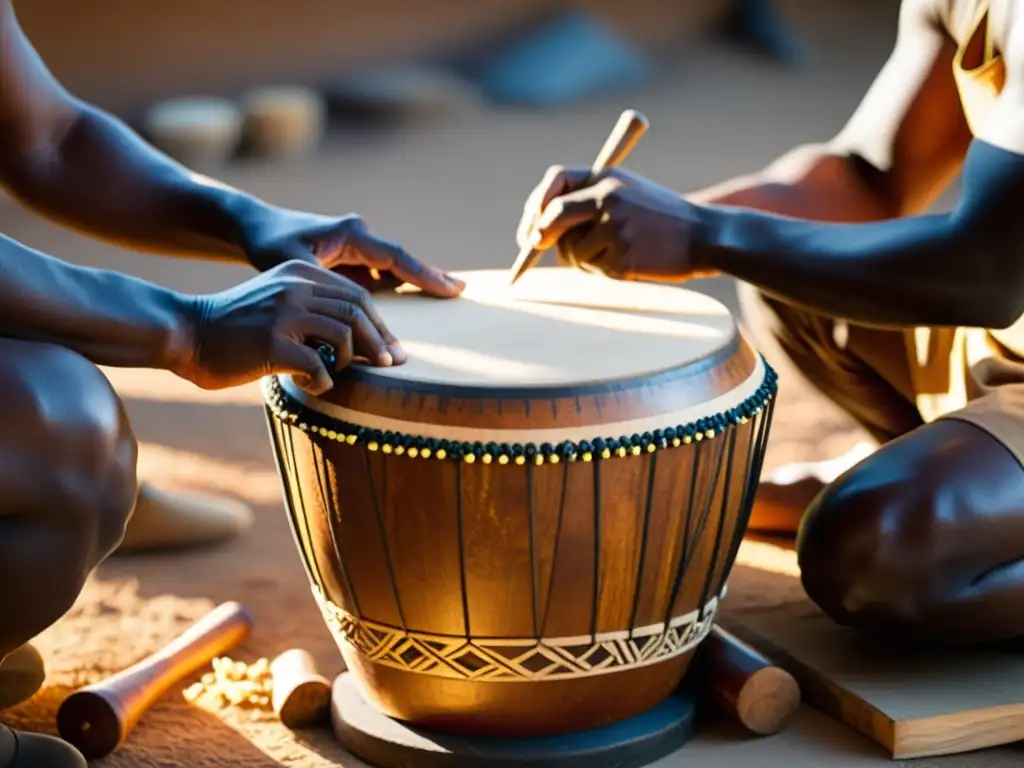 Fabricación tradicional tambores Djembe: Artesanos tallando diseños en madera al atardecer, entre herramientas y concentración