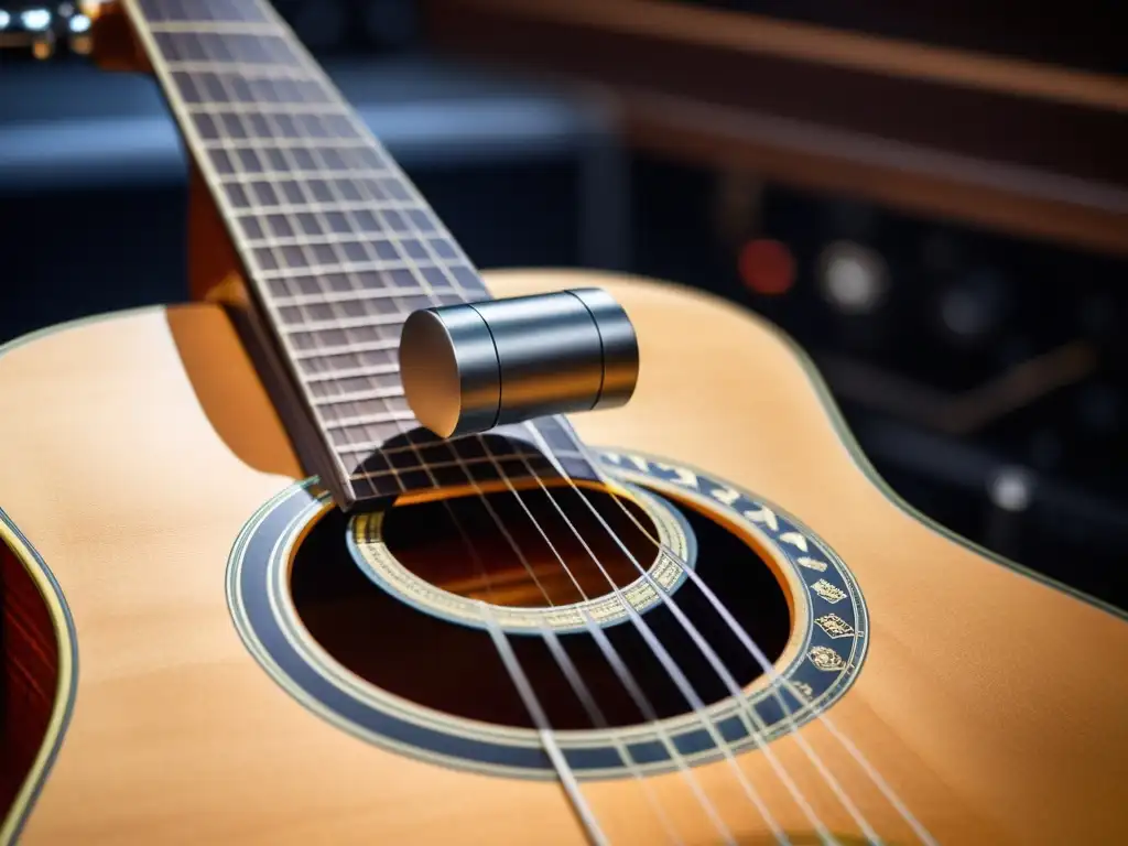 Un transductor de tecnología avanzada captando la vibración de una guitarra acústica en vivo, fusionando tradición e innovación en la música