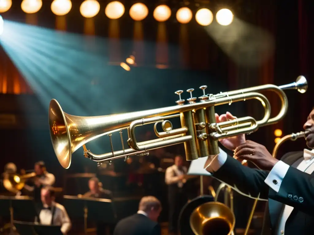 Un trombón vintage destaca entre la atmósfera nostálgica de un escenario de jazz