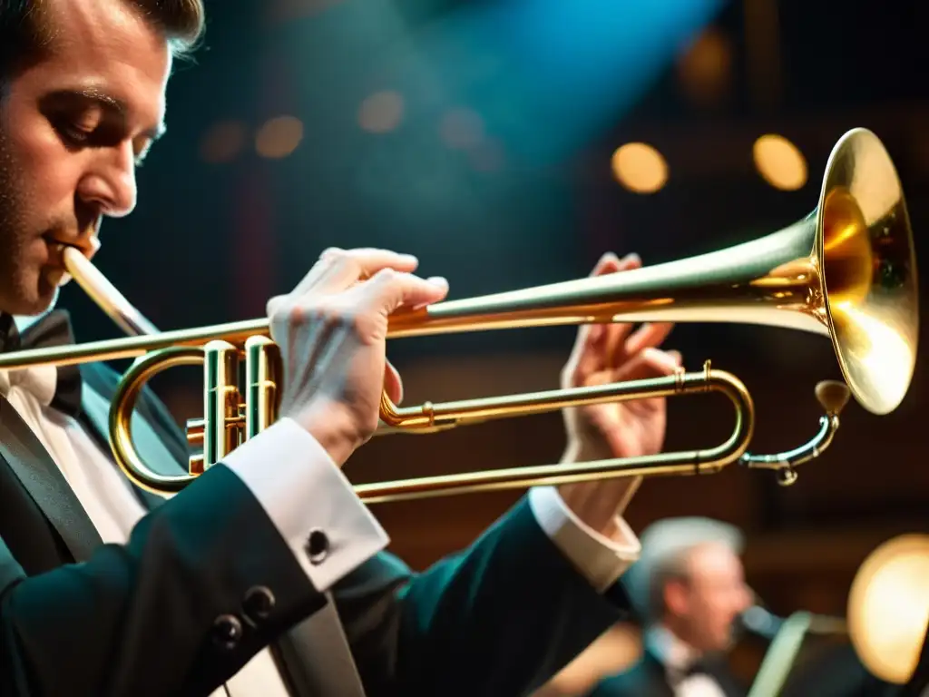 Un trombonista hábil interpreta en concierto clásico, deslizando el pistón con maestría