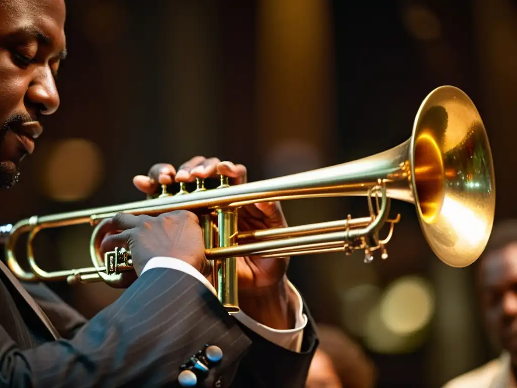 Un trombonista experto interpreta con pasión en un escenario tenue