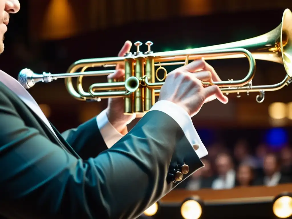 Un trombonista experto maniobra con precisión el instrumento de latón en un elegante escenario