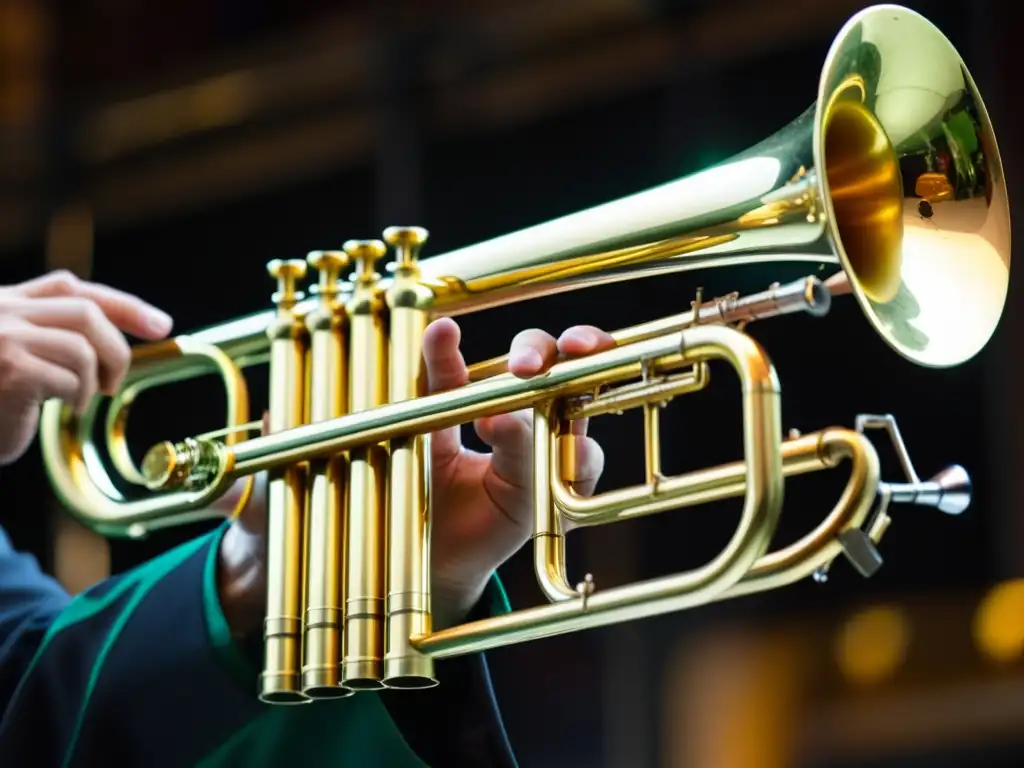 Un trombonista experto maniobra con precisión la vara de un brillante trombón de latón, destacando la técnica de trombón para conciertos