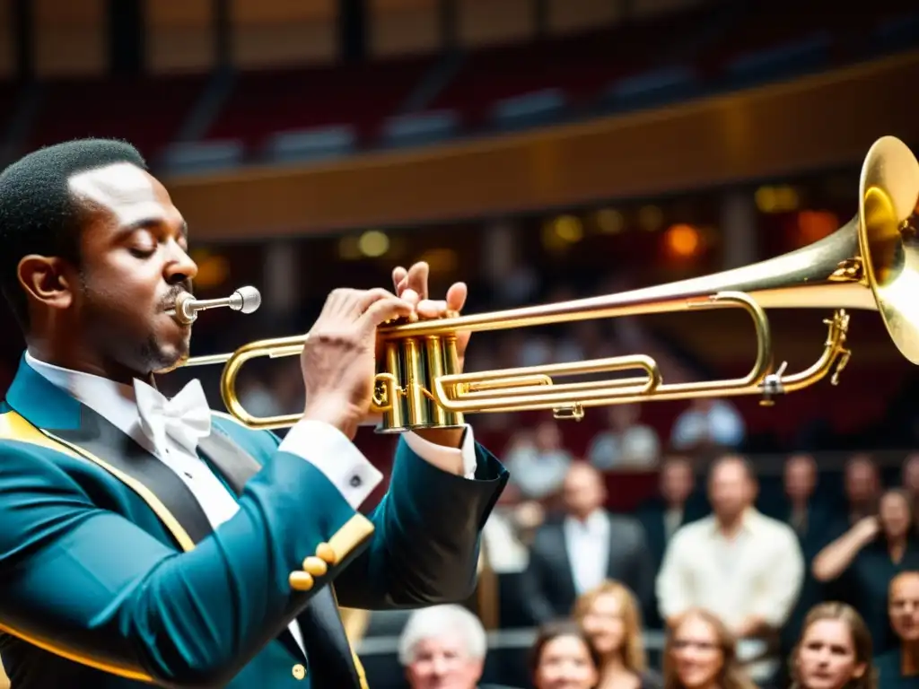 Un trombonista experto ejecuta técnicas avanzadas de trombón de vara, cautivando a la audiencia con su virtuosismo y pasión en un elegante teatro