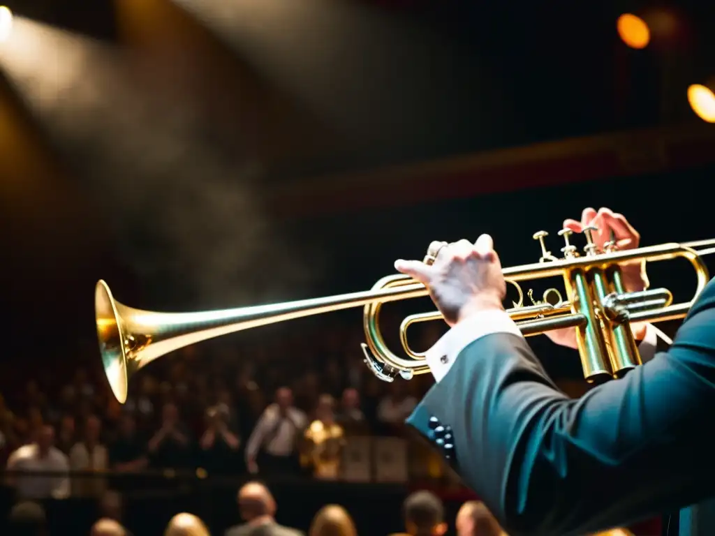 Un trombonista en pleno concierto, con la sonoridad del trombón y el brillo del latón destacando en su interpretación llena de energía