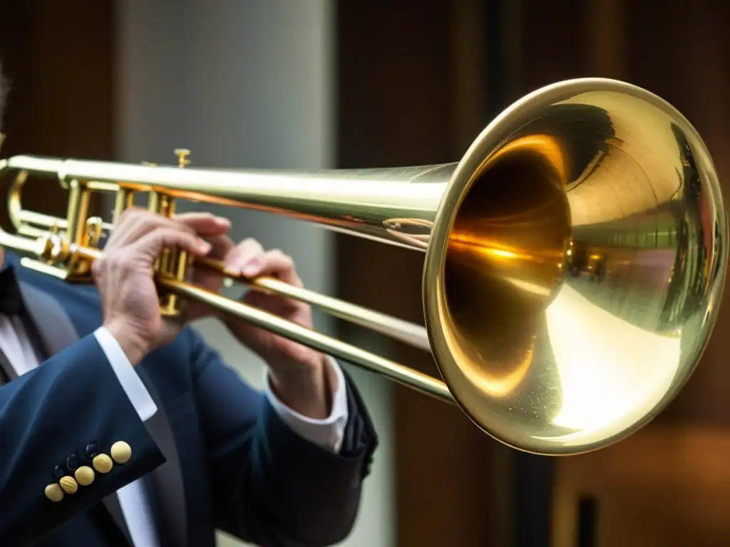 Un trombonista desliza con precisión la vara del trombón, mostrando las técnicas avanzadas de trombón de vara