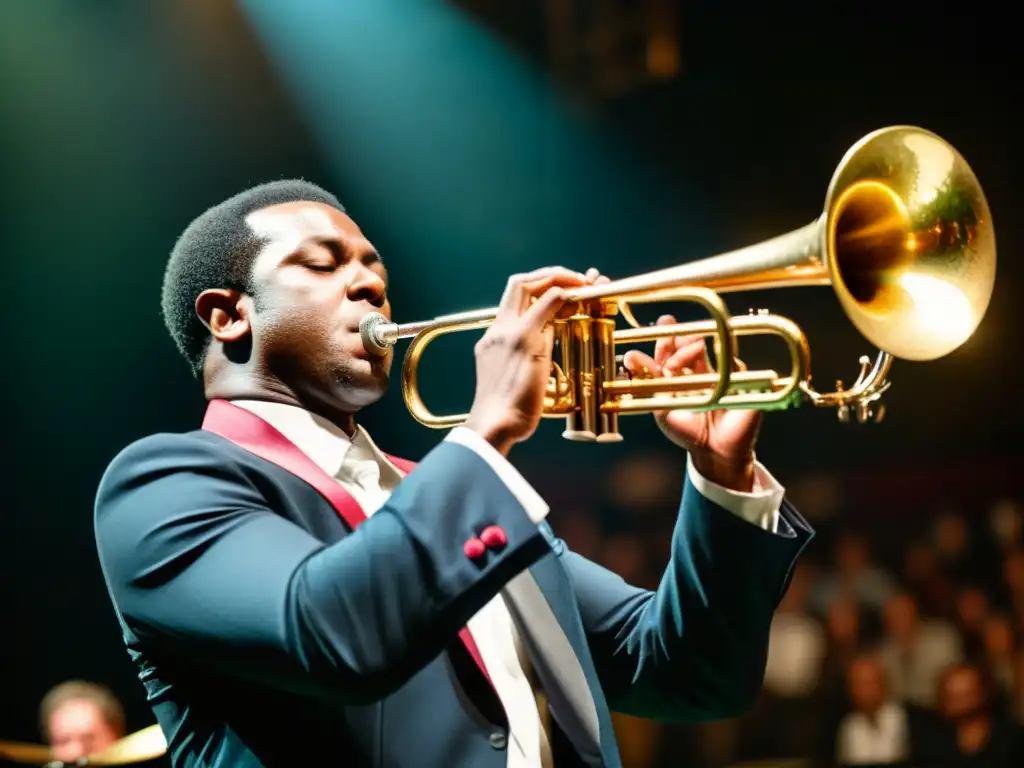 Un trombonista profesional muestra su pasión y técnica en un intenso concierto, iluminado con sombras y luces en un escenario