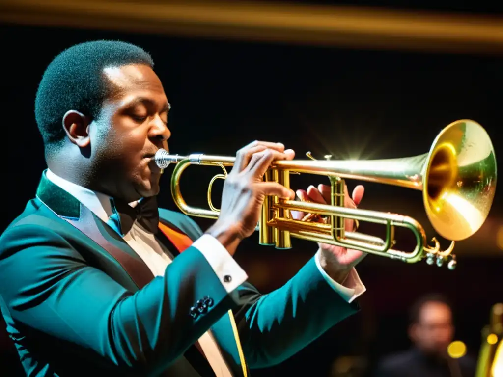 Un trombonista ejecutando técnicas avanzadas de trombón de vara en un concierto profesional, mostrando concentración y destreza