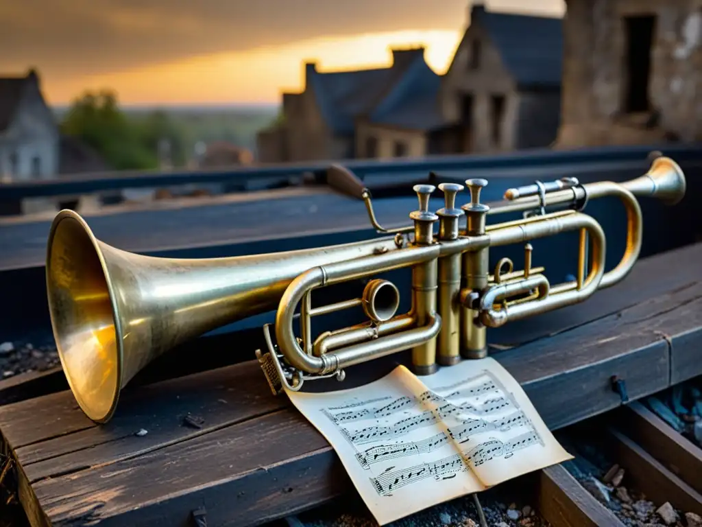 Un trompeta abandonada en una calle destruida, símbolo de instrumentos musicales en tiempos de guerra