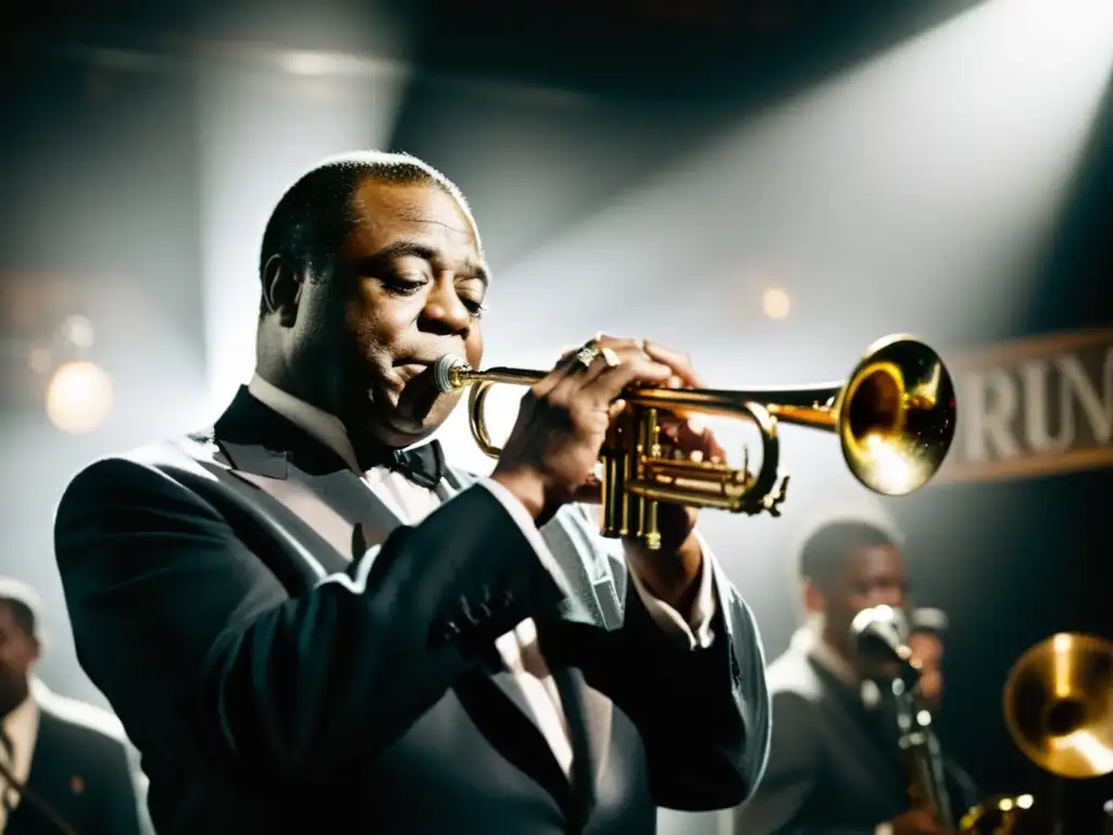 Louis Armstrong toca la trompeta en un club de jazz, con una atmósfera íntima y emotiva