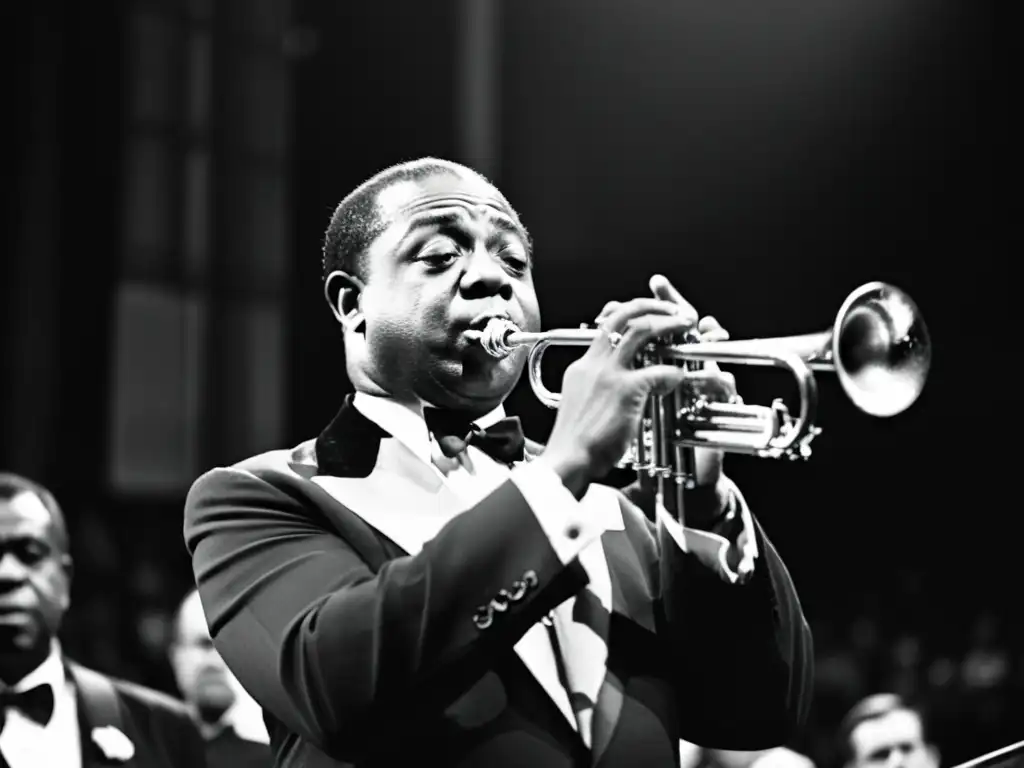 Louis Armstrong tocando la trompeta con pasión en concierto, transmitiendo energía y emoción