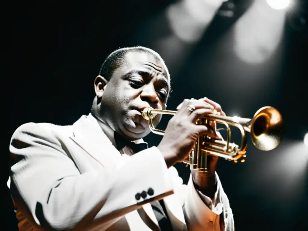 Louis Armstrong, con su trompeta, desborda pasión y emoción en el escenario, con una intensa luz que destaca su rostro y el contorno del instrumento